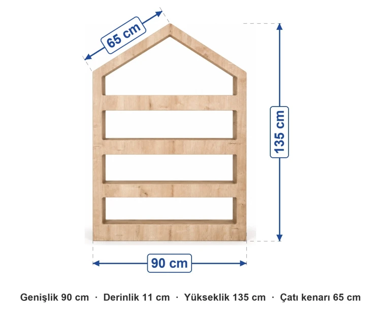 Ahşap ev şeklinde 4 raflı duvar kitaplığı ölçüleri: genişlik 90 cm, derinlik 11 cm, yükseklik 135 cm, çatı kenarı 65 cm
