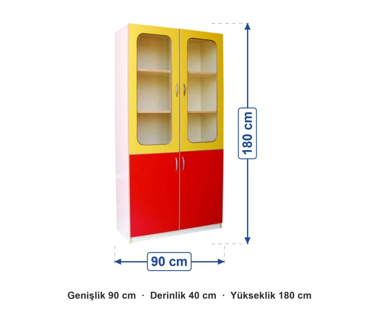 Sarı Kırmızı Camlı Öğretmen Dolabı 90x40x180 cm ölçüleri: genişlik 90 cm, derinlik 40 cm, yükseklik 180 cm