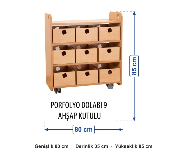 Tekerlekli 9 Kutulu Portfolyo Dolabı 80x35x85 cm ölçüleri: genişlik 80 cm, derinlik 35 cm, yükseklik 85 cm