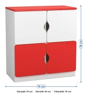 4 Kapaklı Kırmızı Beyaz Öğrenci Dolabı ölçüleri: genişlik 70 cm, derinlik 36 cm, yükseklik 76 cm