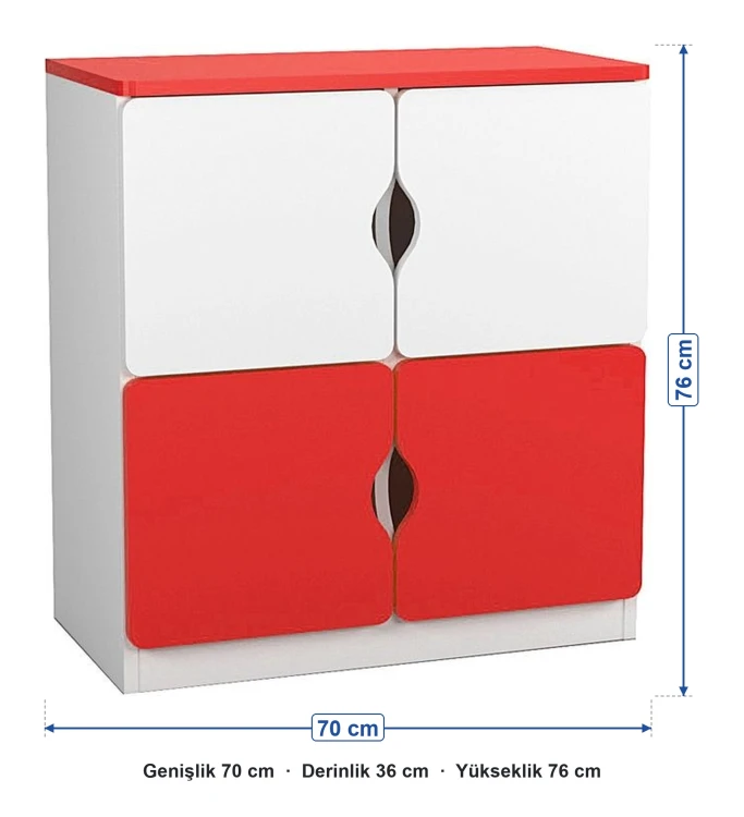 4 Kapaklı Kırmızı Beyaz Öğrenci Dolabı ölçüleri: genişlik 70 cm, derinlik 36 cm, yükseklik 76 cm