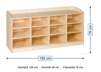 Montessori Açık Raf Dolabı 12 Bölmeli 120x40x70 cm ölçüleri: genişlik 120 cm, derinlik 40 cm, yükseklik 70 cm