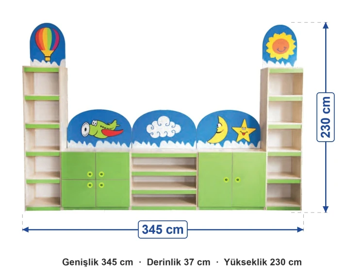 Gökyüzü Figürlü Dolap Seti 345x37x230 cm ölçüleri: genişlik 345 cm, derinlik 37 cm, yükseklik 230 cm