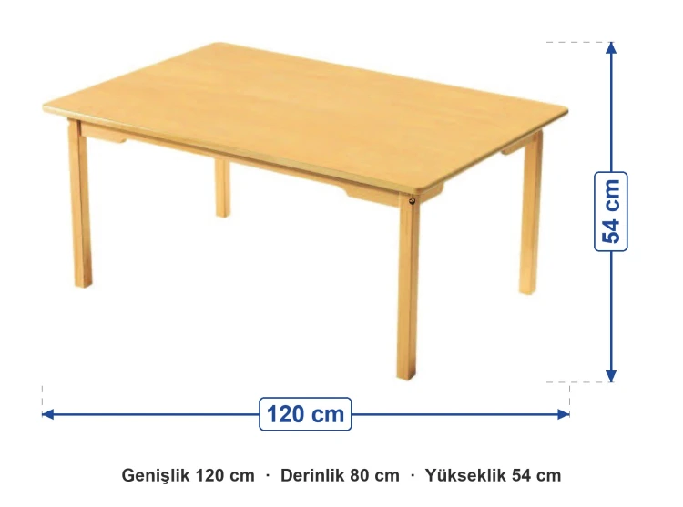 Naturel Ahşap Dikdörtgen Masa 120x80x54 cm ölçüleri: genişlik 120 cm, derinlik 80 cm, yükseklik 54 cm