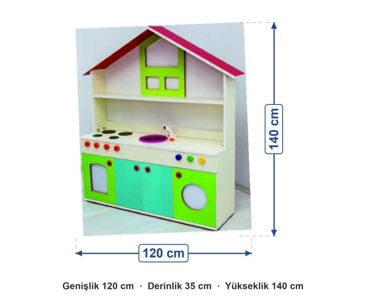 Kırmızı Çatılı Oyun Mutfağı 120x35x140 cm ölçüleri: genişlik 120 cm, derinlik 35 cm, yükseklik 140 cm