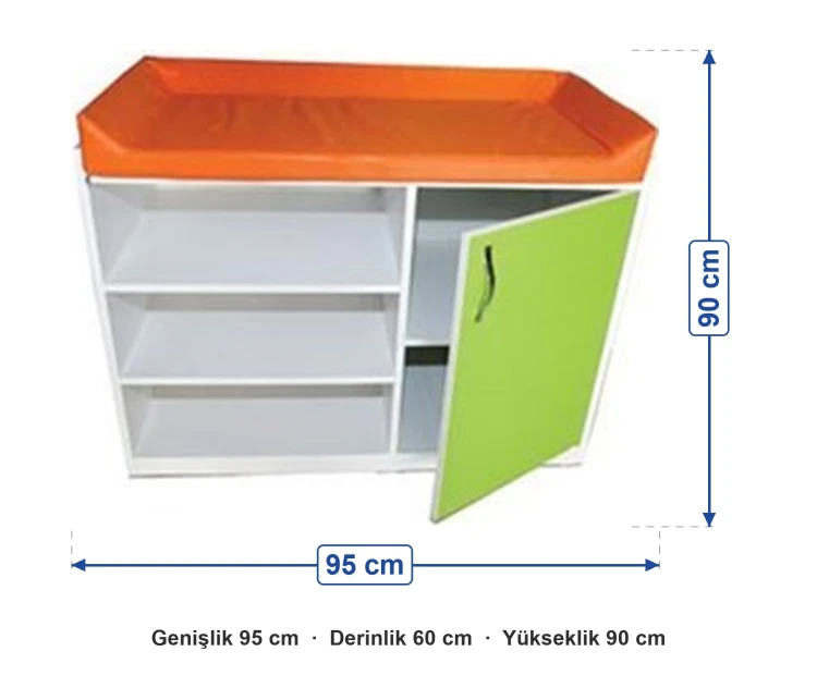 Raflı ve Kapaklı Alt Değiştirme Dolabı 95x60x90 cm ölçüleri: genişlik 95 cm, derinlik 60 cm, yükseklik 90 cm