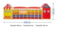 Anaokulu ev dolap seti ölçüleri: genişlik 348 cm, derinlik 40 cm, yükseklik 125 cm