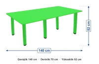 Ahşap 70x140 Yeşil Yemek Masası Metal Ayaklı ölçüleri: genişlik 140 cm, derinlik 70 cm, yükseklik 52 cm
