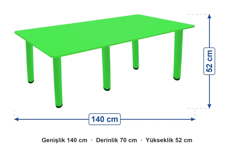 Ahşap 70x140 Yeşil Yemek Masası Metal Ayaklı ölçüleri: genişlik 140 cm, derinlik 70 cm, yükseklik 52 cm