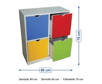 4 Çekmeceli Sınıf Dolabı 80x45x75 cm ölçüleri: genişlik 80 cm, derinlik 45 cm, yükseklik 75 cm