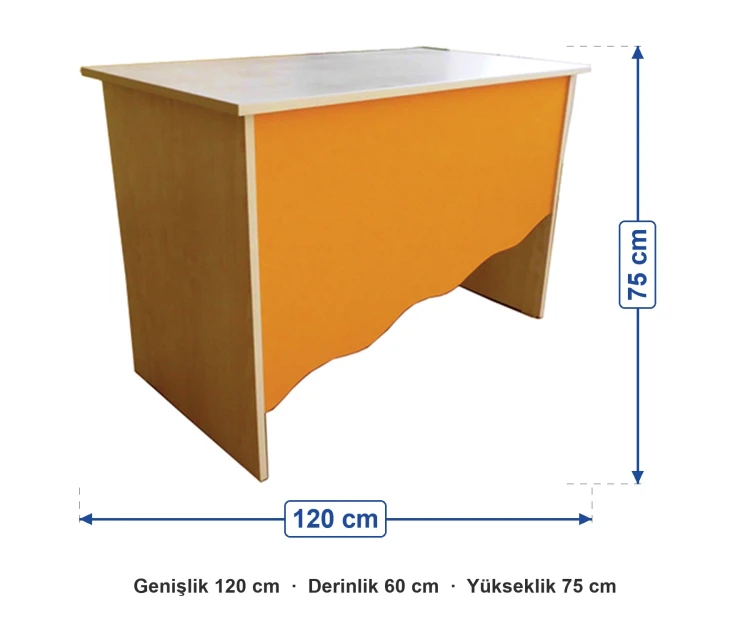 Turuncu Kavisli Panelli Öğretmen Masası 120x60x75 cm ölçüleri: genişlik 120 cm, derinlik 60 cm, yükseklik 75 cm