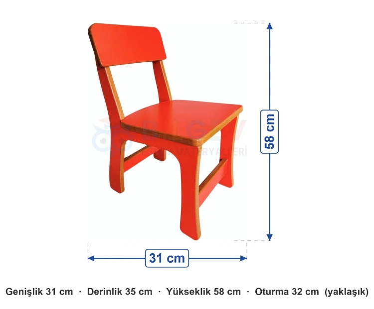 Kırmızı Ahşap Anaokulu Sandalye ölçüleri: genişlik 31 cm, derinlik 35 cm, yükseklik 58 cm, oturma 32 cm (yaklaşık)