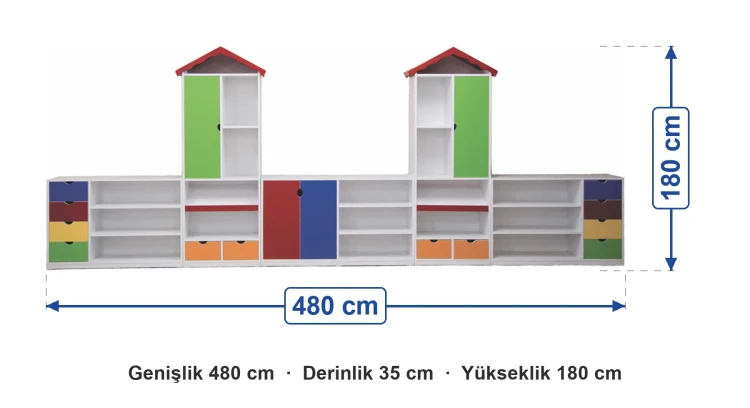 Kuleli Dolap Seti 480x35x180 cm ölçüleri: genişlik 480 cm, derinlik 35 cm, yükseklik 180 cm