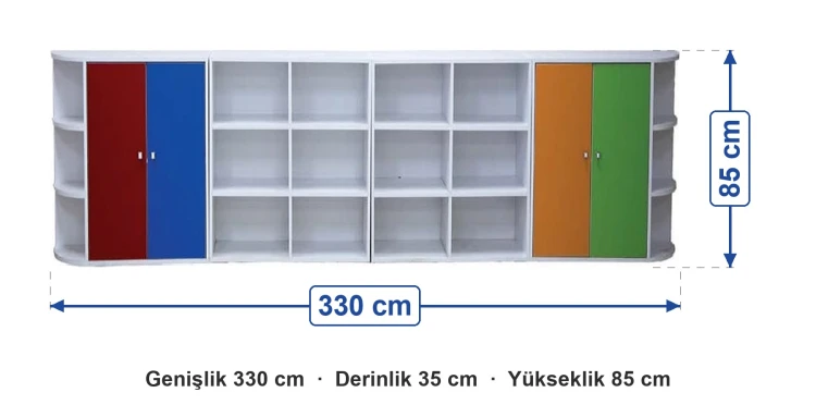 Neşeli Düzen Raflı Kapaklı Dolap Seti 330x35x85 cm ölçüleri: genişlik 330 cm, derinlik 35 cm, yükseklik 85 cm