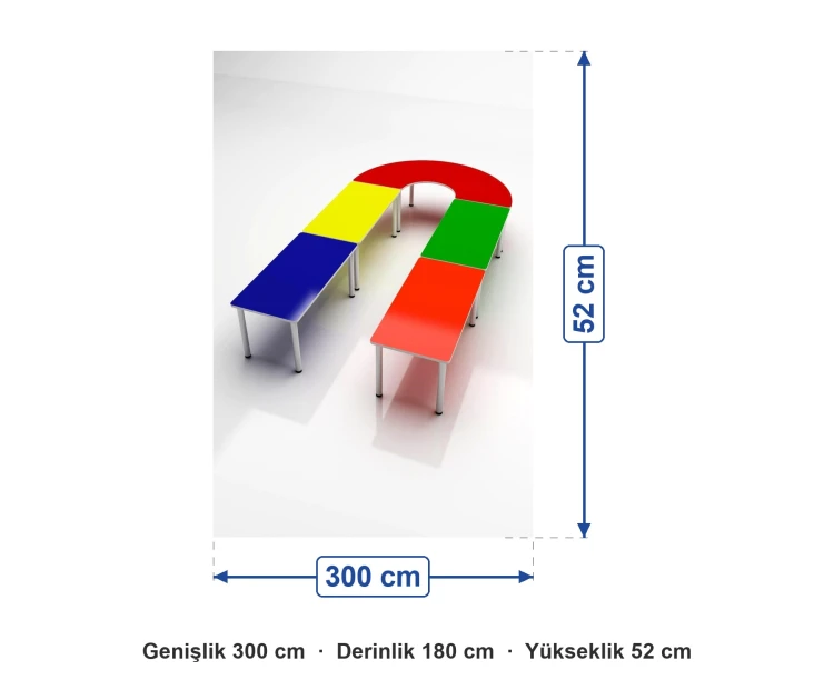 Renkli U Masa Takımı 5 Parça 300x180x52 cm ölçüleri: genişlik 300 cm, derinlik 180 cm, yükseklik 52 cm