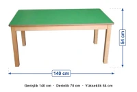 Yeşil Tablalı Ahşap Ayaklı Masa 140x70x54 cm ölçüleri: genişlik 140 cm, derinlik 70 cm, yükseklik 54 cm