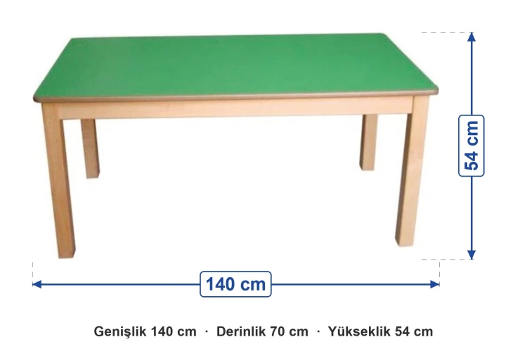 Yeşil Tablalı Ahşap Ayaklı Masa 140x70x54 cm ölçüleri: genişlik 140 cm, derinlik 70 cm, yükseklik 54 cm