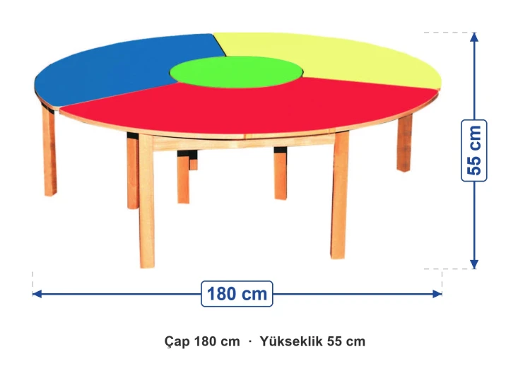 Ahşap Ayaklı Daire Masa Grubu 4 Parça 180 cm ölçüleri: çap 180 cm, yükseklik 55 cm