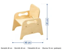 Kolçaklı Kontra Kreş Sandalyesi ölçüleri: genişlik 40 cm, derinlik 40 cm, yükseklik 45 cm, oturma 16 cm (yaklaşık)
