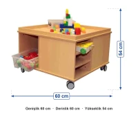 Tekerlekli Lego ve Blok Köşesi 60x60x54 cm ölçüleri: genişlik 60 cm, derinlik 60 cm, yükseklik 54 cm