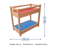 Mavi Yataklı Ahşap Ranza 120x60x150 cm ölçüleri: genişlik 120 cm, derinlik 60 cm, yükseklik 150 cm