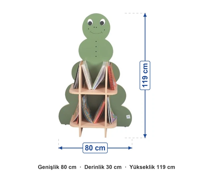 Cingöz Figürlü Kitaplık 80x30x119 cm ölçüleri: genişlik 80 cm, derinlik 30 cm, yükseklik 119 cm