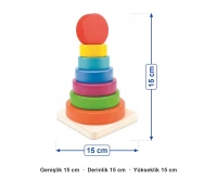 Ahşap Halka Dizme Kulesi 15 cm ölçüleri: genişlik 15 cm, derinlik 15 cm, yükseklik 15 cm