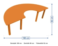 Ahşap Turuncu C Masa Metal Ayaklı ölçüleri: genişlik 180 cm, derinlik 60 cm, yükseklik 52 cm