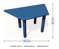 Plastik Tablalı Trapez Masa 120x60x54 cm ölçüleri: genişlik 120 cm, derinlik 60 cm, yükseklik 54 cm
