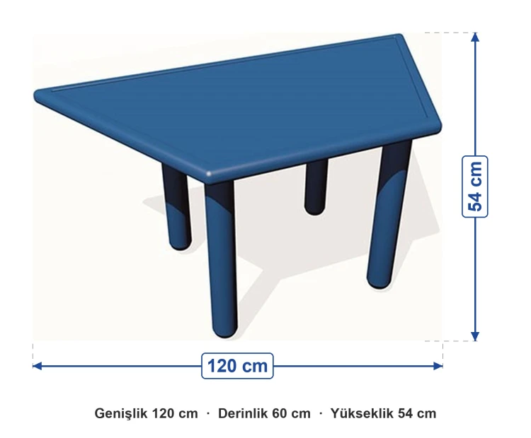 Plastik Tablalı Trapez Masa 120x60x54 cm ölçüleri: genişlik 120 cm, derinlik 60 cm, yükseklik 54 cm