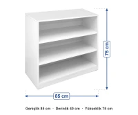 3 Bölmeli Açık Raflı Dolap 85x40x75 cm ölçüleri: genişlik 85 cm, derinlik 40 cm, yükseklik 75 cm