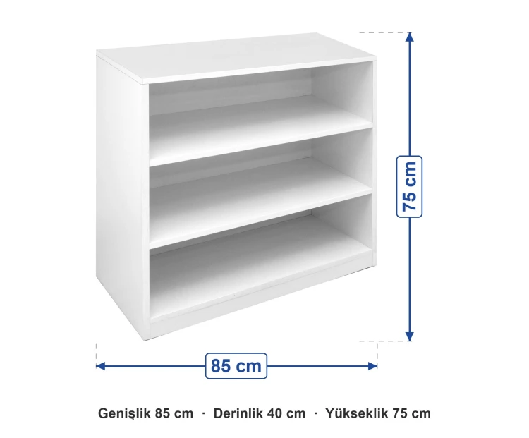 3 Bölmeli Açık Raflı Dolap 85x40x75 cm ölçüleri: genişlik 85 cm, derinlik 40 cm, yükseklik 75 cm