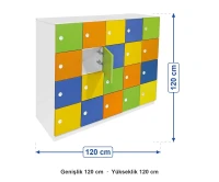 Anaokulu 20 Kapaklı Öğrenci Dolabı ölçüleri: genişlik 120 cm, yükseklik 120 cm
