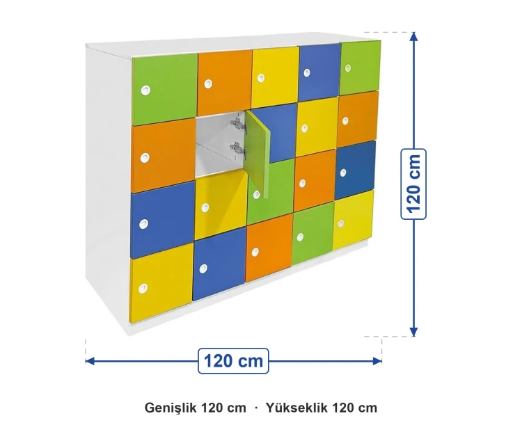 Anaokulu 20 Kapaklı Öğrenci Dolabı ölçüleri: genişlik 120 cm, yükseklik 120 cm
