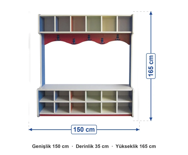 Portmanto Vestiyer 12 Kişilik 150x35x165 cm ölçüleri: genişlik 150 cm, derinlik 35 cm, yükseklik 165 cm