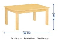 Naturel Ahşap Kare Masa 60x60x54 cm ölçüleri: genişlik 60 cm, derinlik 60 cm, yükseklik 54 cm