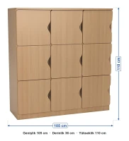 9 Kapaklı Kayın Öğrenci Dolabı ölçüleri: genişlik 105 cm, derinlik 36 cm, yükseklik 110 cm