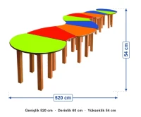 Ahşap Ayaklı Tırtıl Masa Grubu 10 Parça 520x60x54 cm ölçüleri: genişlik 520 cm, derinlik 60 cm, yükseklik 54 cm