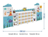 Okyanus figürlü dolap seti ölçüleri: genişlik 380 cm, derinlik 35 cm, yükseklik 180 cm