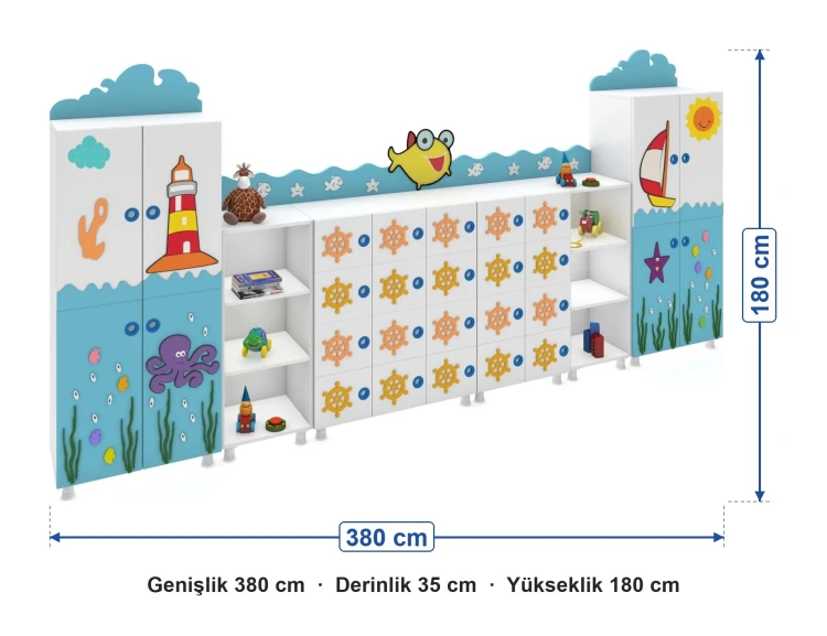Okyanus figürlü dolap seti ölçüleri: genişlik 380 cm, derinlik 35 cm, yükseklik 180 cm