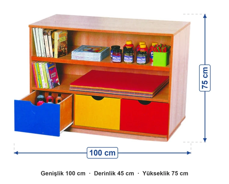 Çekmeceli Raflı Dolap 100x45x75 cm ölçüleri: genişlik 100 cm, derinlik 45 cm, yükseklik 75 cm