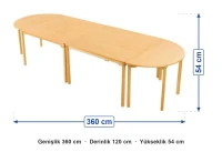 Naturel Ahşap Amfi Masa Takımı 360x120x54 cm ölçüleri: genişlik 360 cm, derinlik 120 cm, yükseklik 54 cm