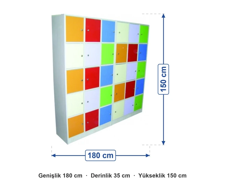 30 Kapaklı Renkli Öğrenci Dolabı 180x35x150 cm ölçüleri: genişlik 180 cm, derinlik 35 cm, yükseklik 150 cm