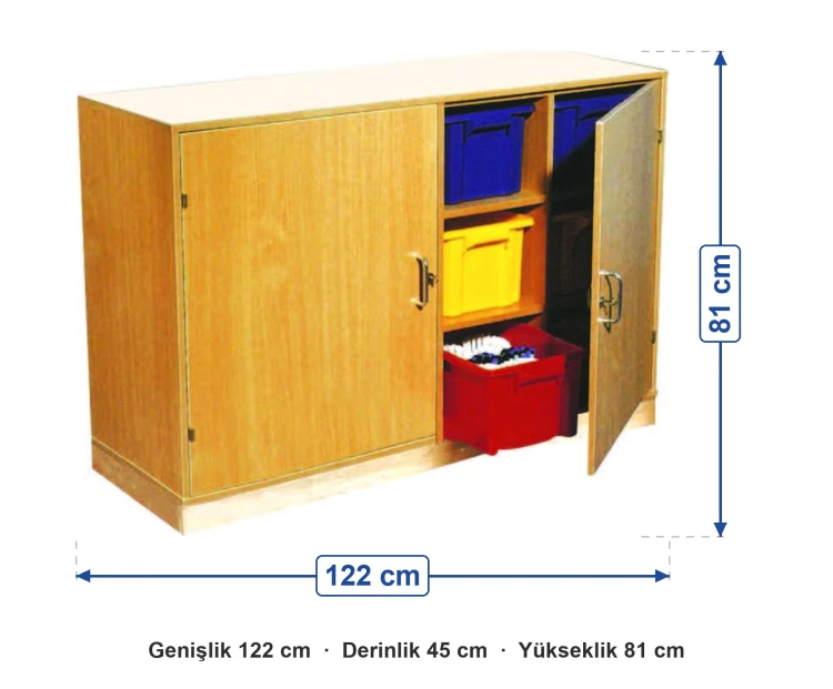 Kapaklı Kutulu Dolap 122x45x81 cm ölçüleri: genişlik 122 cm, derinlik 45 cm, yükseklik 81 cm