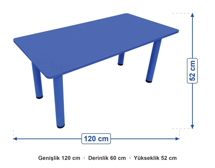 Ahşap 60x120 Mavi Masa Metal Ayaklı ölçüleri: genişlik 120 cm, derinlik 60 cm, yükseklik 52 cm