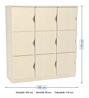9 Kapaklı Aytaşı Öğrenci Dolabı ölçüleri: genişlik 105 cm, derinlik 36 cm, yükseklik 110 cm