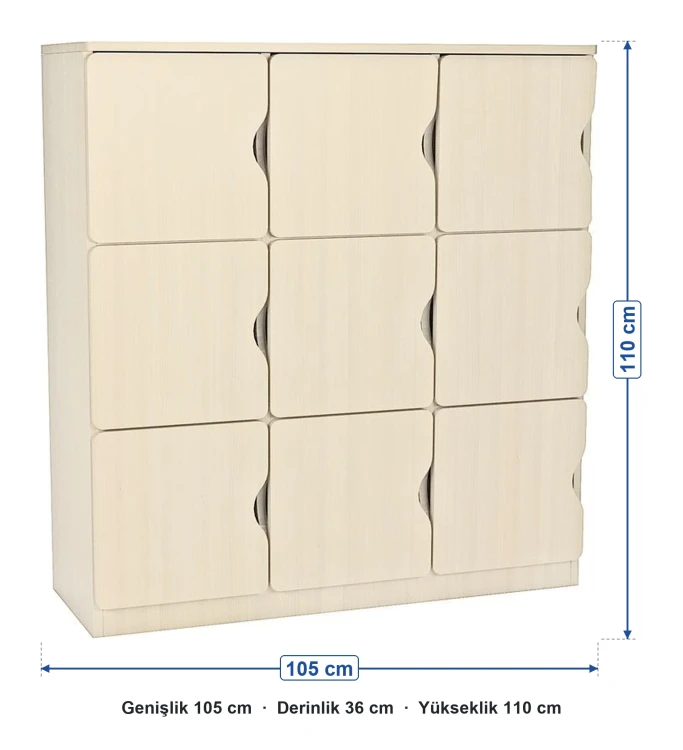 9 Kapaklı Aytaşı Öğrenci Dolabı ölçüleri: genişlik 105 cm, derinlik 36 cm, yükseklik 110 cm