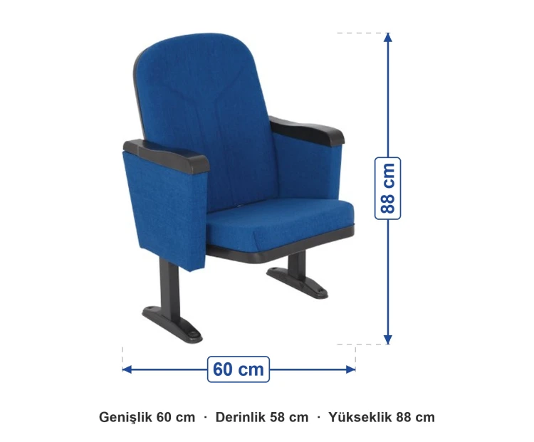 Konferans Koltuğu Kısa Sırt Kapaklı Kollu ölçüleri: genişlik 60 cm, derinlik 58 cm, yükseklik 88 cm