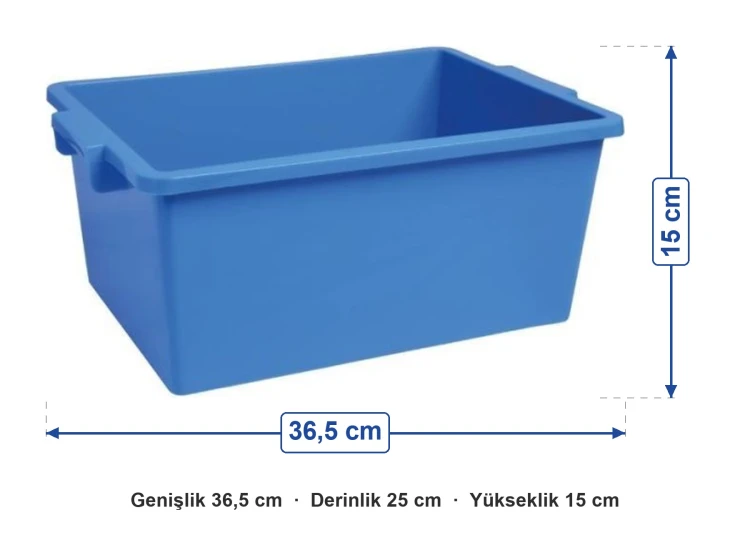 Mavi Plastik Oyuncak Kutusu 9 Litre ölçüleri: genişlik 36,5 cm, derinlik 25 cm, yükseklik 15 cm