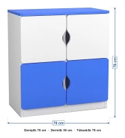 4 Kapaklı Mavi Beyaz Öğrenci Dolabı ölçüleri: genişlik 70 cm, derinlik 36 cm, yükseklik 76 cm